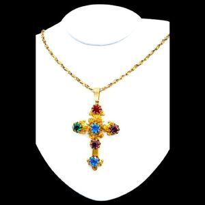 Miriam Haskell Jeweled Cross Pendant & Necklace Very Rare Vintage In Euc